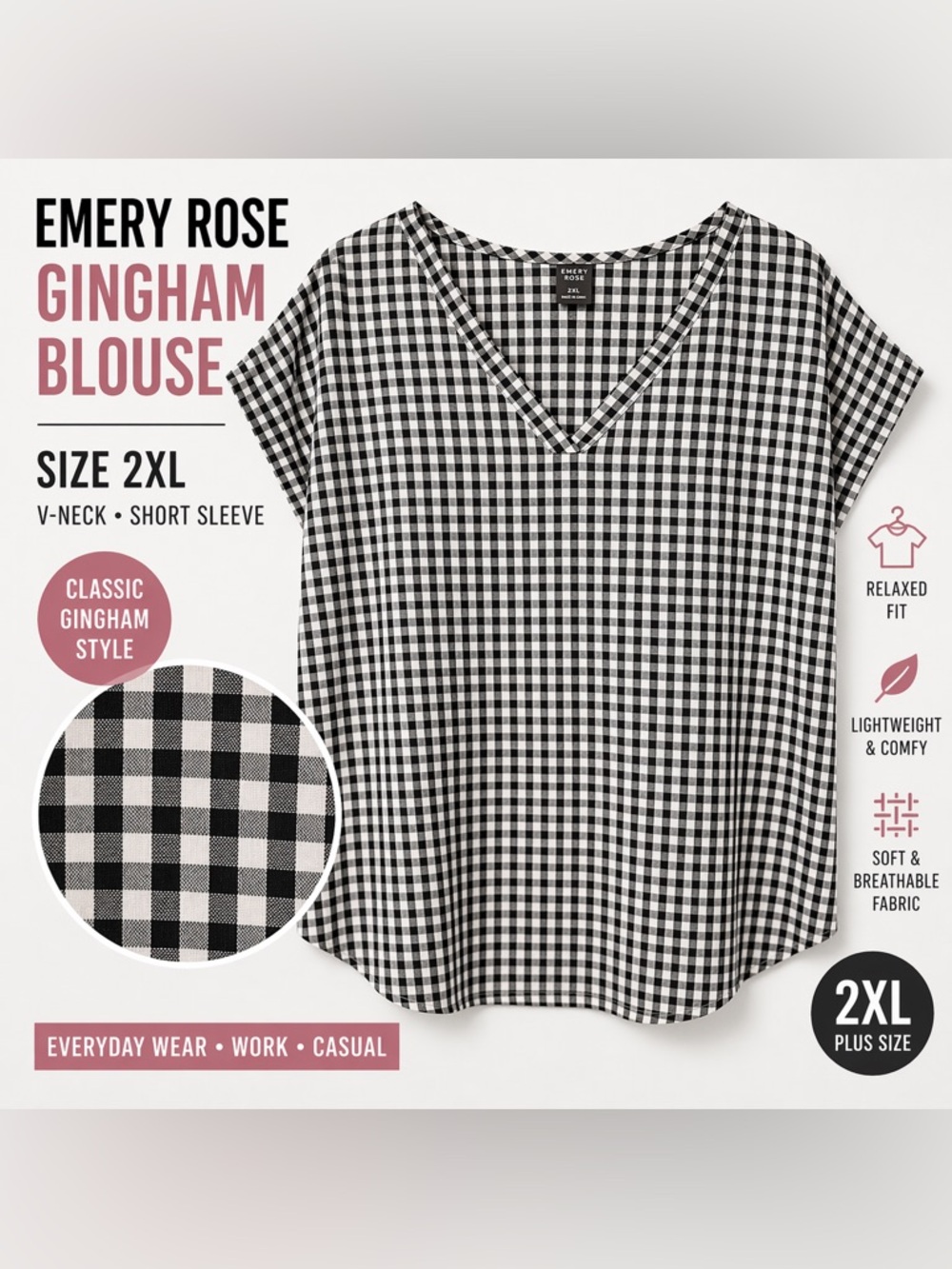 Emery Rose Gingham Blouse Black White Check V-Neck Top Size 2XL